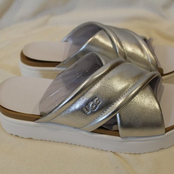 NIB UGG WOMEN'S ZAYNE LEATHER WEDGE SANDALS SILVER - Picture 4 of 7